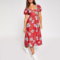 RIVER ISLAND Red floral wrap midi dress