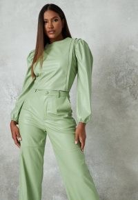 Missguided sage co ord faux leather balloon sleeve crop top | fashion with volume | green tops