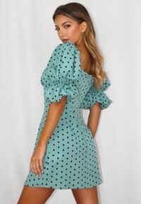 MISSGUIDED sage polka dot puff sleeve skater dress ~ green square neck smocked bust dresses