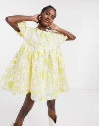 Sister Jane mini smock dress with puff sleeves in metallic floral organza yellow