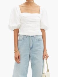 SELF-PORTRAIT Square-neck ruched taffeta top in white ~ ruching ~ puff sleeve gathered bodice tops