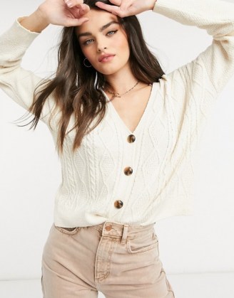 Stradivarius embroidered cardigan in ecru | neutral knits | cable pattern cardigans | front button V neck cardi | knitwear