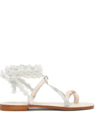 ÁLVARO Tanna floral-lace wraparound white leather sandals / floral lace ankle wrap flats