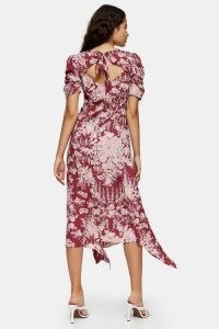 TOPSHOP Toile Ruched Sleeve Midi Dress Berry Red / open tie back feature / handkerchief hemlines / asymmetric hemline dresses / vintage style fashion