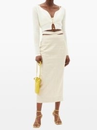 JACQUEMUS Valerie canvas pencil skirt in beige ~ neutral slit waist detail skirts