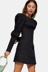 Topshop Washed Black Denim Seam Shirt Dress | puff sleeved dresses