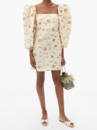 JOHANNA ORTIZ Wayfaring silk-blend matelassé mini dress / floral puff sleeve dresses / square necklines