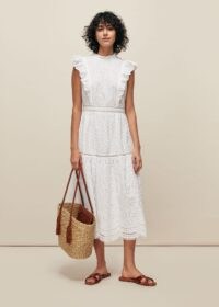 Whistles BRODERIE FRILL SLEEVE DRESS in White – classic ruffle trim summer dresses