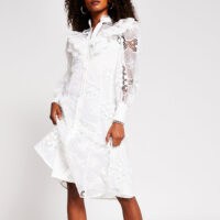 RIVER ISLAND White long sleeve midi lace shirt dress ~ ruffle trimmed dresses