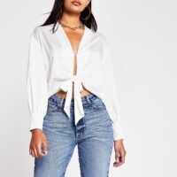 RIVER ISLAND White Ls Tie Front Luxe Shirt – long sleeve satin look shirts