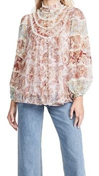 Zimmermann Ladybeetle Spliced Blouse Jacobean ~ lace trim high neck blouses