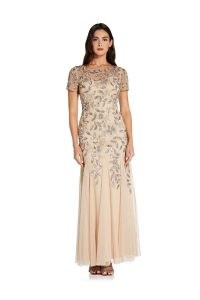 ADRIANNA PAPELL BEADED GOWN WITH GODETS IN TAUPE/PINK / floral gowns / sequinned occasion dresses