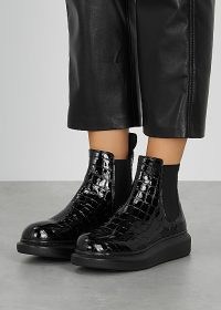 ALEXANDER MCQUEEN Hybrid crocodile-effect leather Chelsea boots / black patent croc embossed boots