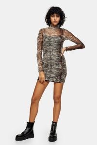 TOPSHOP Animal Print Mesh Mini Bodycon Dress / semi sheer high neck dresses / fitted fashion