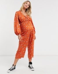 ASOS DESIGN maternity jersey tie front long sleeve jumpsuit in rust ditsy floral print / pregnancy jumpsuits / fashion