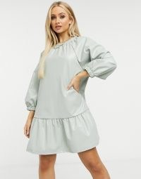 ASOS DESIGN pu mini smock dress in sage ~ green frill hem dresses