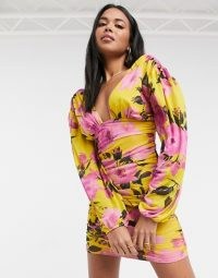 ASOS DESIGN ruched mesh plunge mini dress with long sleeves in bright floral print / plunging neckline dresses / going out fashion