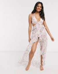 ASOS DESIGN ruffle chiffon dobby beach maxi dress in mixed spring floral print | plunging poolside dresses | ruffled beachwear