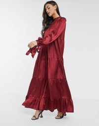 ASOS DESIGN satin tiered maxi smock dress with tie sleeves in wine red ~ long party dresses