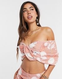 ASOS EDITION twist front off shoulder top in linen floral print / bardot crop tops