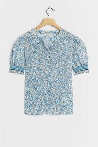 Saison De La Fleur Miranda Blouse | short puff sleeve blouses | blue floral print tops