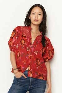 Farm Rio Giustina Lace Blouse / red floral puff sleeve blouses / lace detail tops