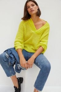 Anthropologie Honore Ribbed Jumper ~ bright yellow V-neck jumpers