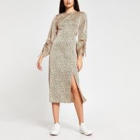 RIVER ISLAND Beige long sleeve animal print midi dress / split hem dresses