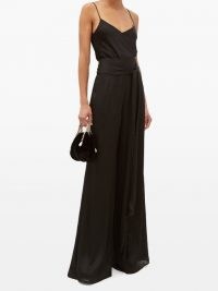 GALVAN Belted high-rise textured-satin wide-leg trousers ~ black evening pants