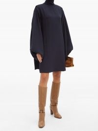 VICTORIA BECKHAM Bishop-sleeve silk-crepe mini dress ~ navy blue high neck dresses