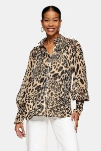 TOPSHOP Black And White Animal Print Shirred Blouse