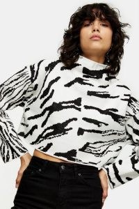 TOPSHOP Black And White Spliced Zebra Sweatshirt Monochrome / black and white animal print sweatshirts / crop hem high neck tops