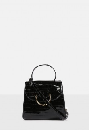 Missguided black cross body ring front mini bag | croc effect crossbody bags