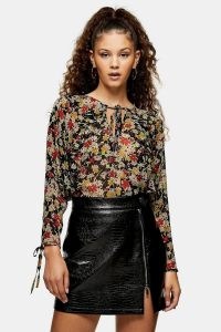 TOPSHOP Black Floral Print Ruffle Grunge Blouse