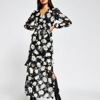 RIVER ISLAND Black long sleeve floral maxi dress / romantic flower print dresses