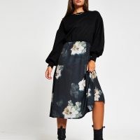 RIVER ISLAND Black long sleeve floral print sweat dress