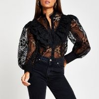 River Island Black long sleeve lace frill shirt | semi sheer balloon sleeve shirts