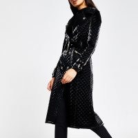 River Island Black long sleeve quilted Faux Leather Coat | glamorous trench style coats