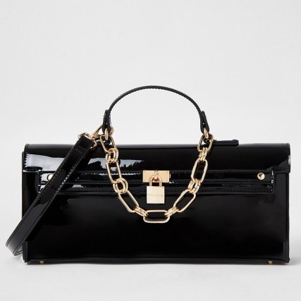 River Island Black patent padlock handbag | glossy chain detail bags