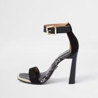 RIVER ISLAND Black pu almond toe sandal / snake prints / high heel ankle strap sandals