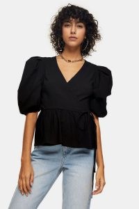 Topshop Black Stretch Wrap Top | puff sleeve tops