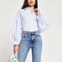 River Island Blue long sleeve ruched detail poplin shirt | tie detail shirts | volumn sleeve fashion