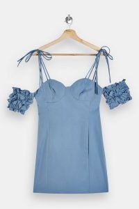 TOPSHOP Blue Ruffle Puff Sleeve Mini Dress ~ cold shoulder party dresses