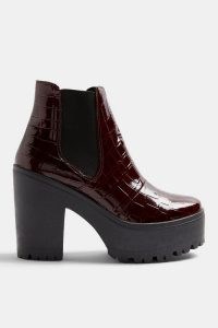 TOPSHOP BRIA Burgundy Crocodile Unit Boots – chunky croc embossed chelsea boot – retro footwear