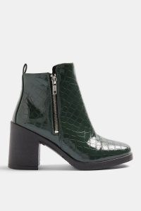 TOPSHOP BRIDIE Khaki Crocodile Unit Boots – green croc effect block heel boot