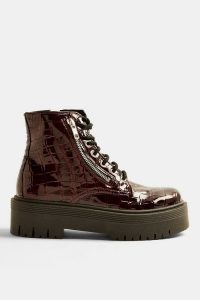 TOPSHOP BROOKE Burgundy Patent Chunky Zip Boots – thick sole croc boots