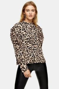 TOPSHOP Brown Leopard Print Blouse / leg of mutton sleeve blouses / cut out back top