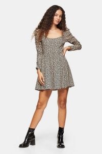 TOPSHOP Brown Stretch Animal Print Mini Dress Brown / long sleeve flared skirt day dresses