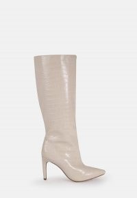 MISSGUIDED cream croc mid heel calf high boots – pointed toe boots