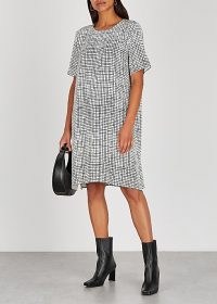 EILEEN FISHER Checked Tencel-blend dress ~ check print short sleeve shift